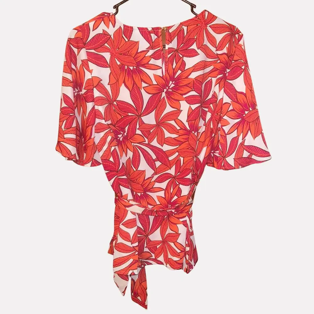 Liz Claiborne Women's Medium White Orange Leaf Print Blouse Tie Waist Belt - Picture 2 of 4